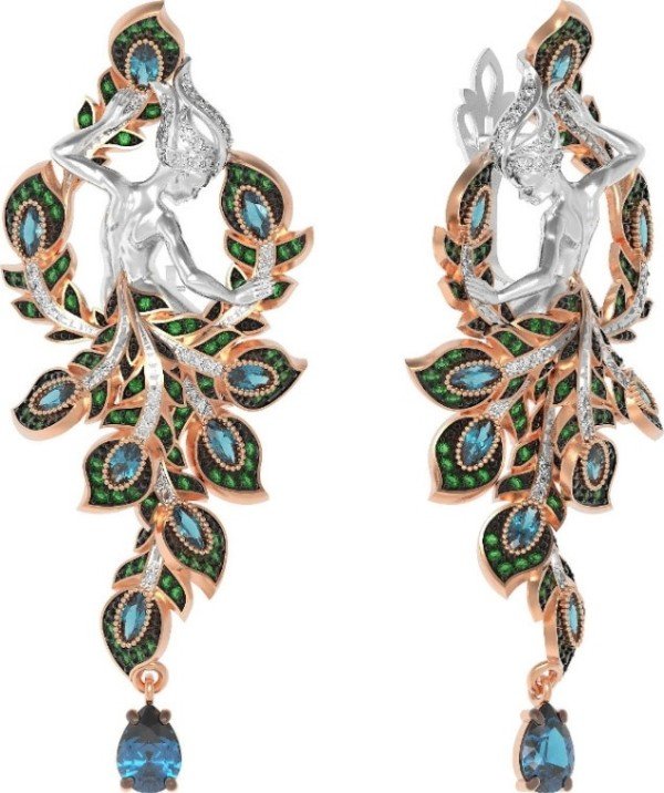 Серьги из золота 585 пробы c фианитом и топазом London Blue