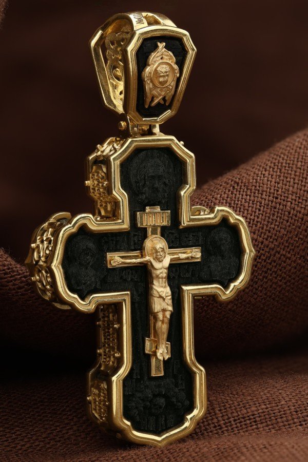 Крест из лимонного золота 585 пробы c эбеновым деревом