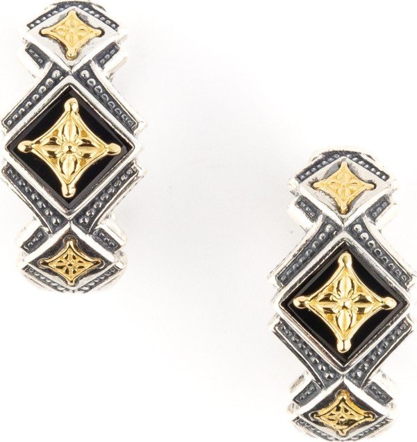 Серьги из серебра и золота c ониксом и рубином