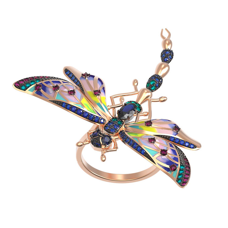 Кольцо из золота c фианитом, рубином, сапфиром и эмалью