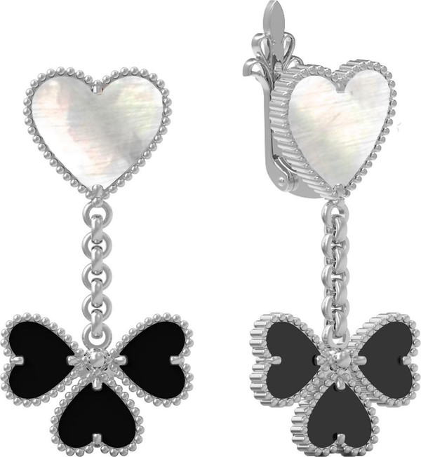 Серьги из белого золота c ониксом и перламутром