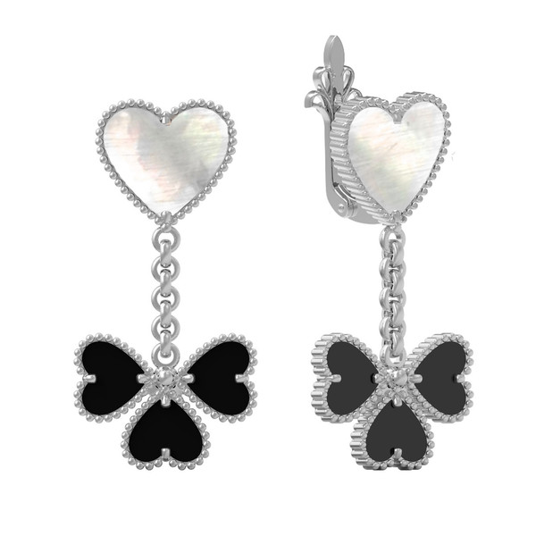 Серьги из белого золота c ониксом и перламутром