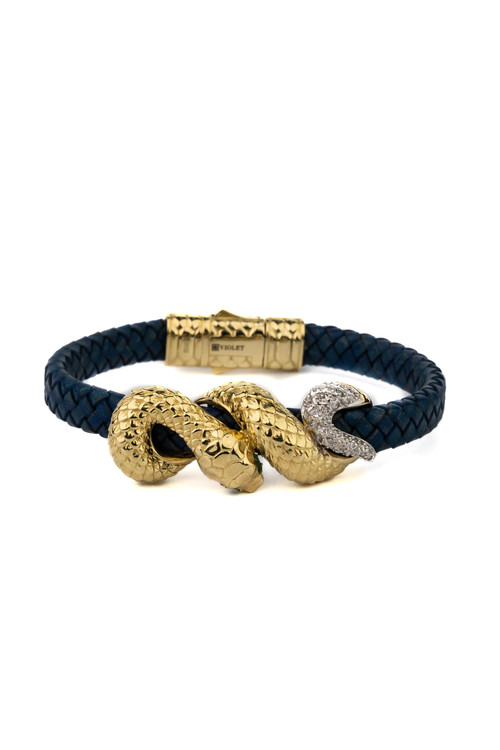 Браслет из лимонного золота c бриллиантами, изумрудом и кожаным шнурком