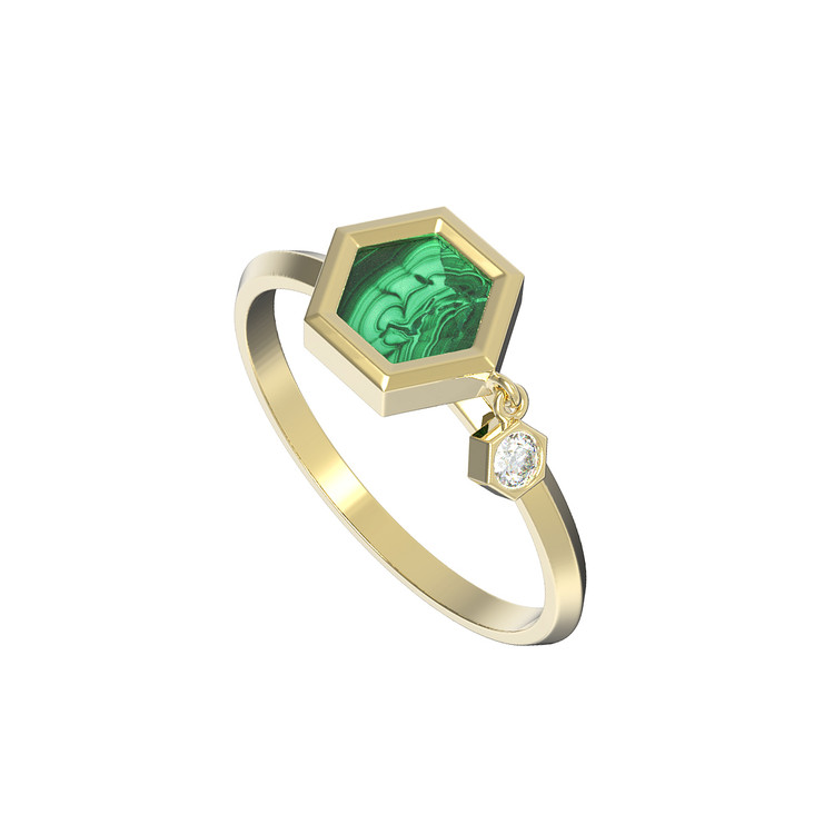 Кольцо из лимонного золота c бриллиантами и малахитом