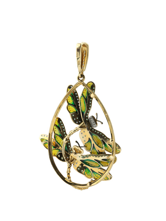 Подвеска из лимонного золота c сапфиром, изумрудом и эмалью
