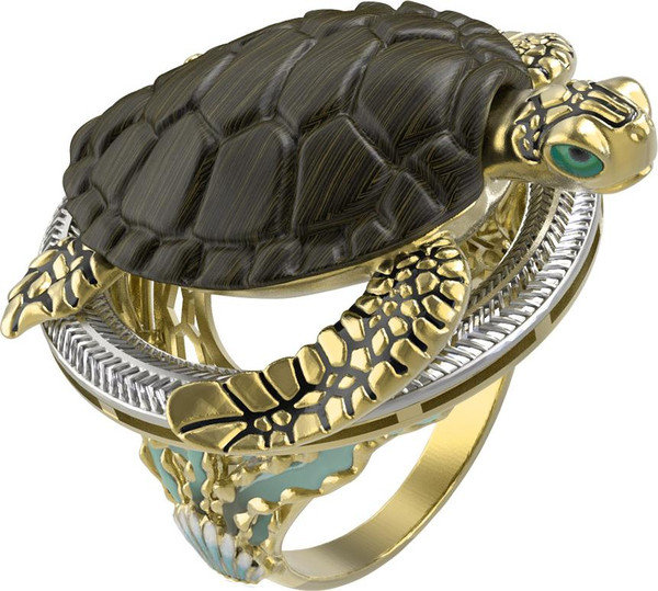 Кольцо из лимонного золота c эмаль и железным деревом