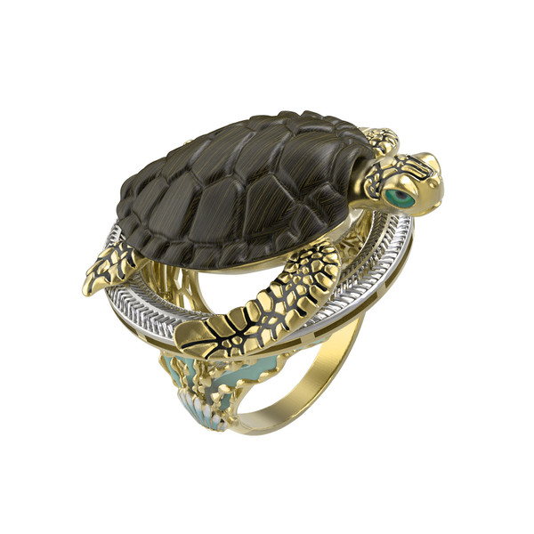Кольцо из лимонного золота c эмаль и железным деревом