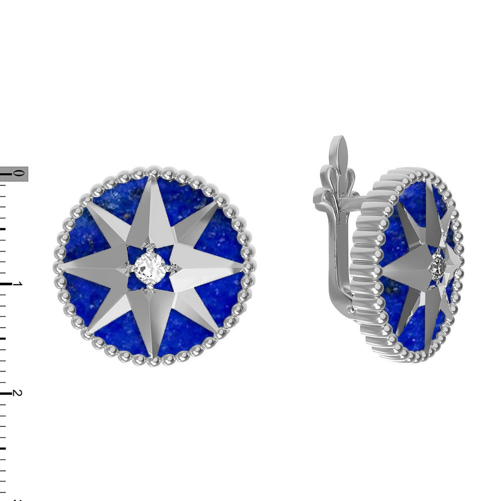 Серьги из белого золота c фианитом и лазуритом