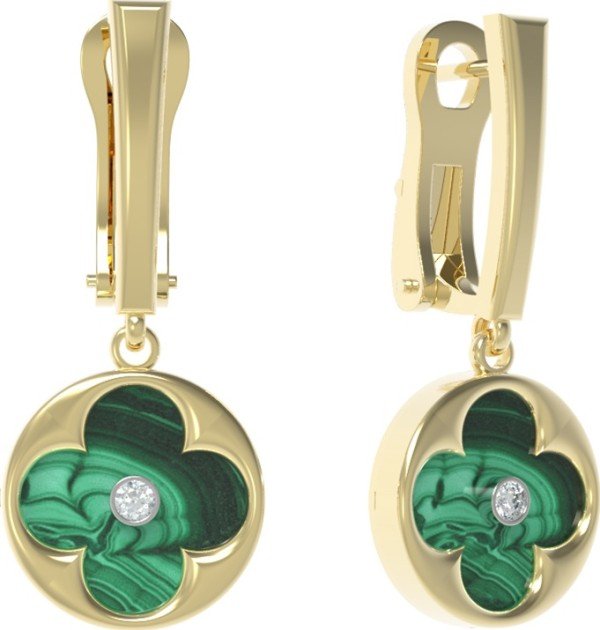 Серьги из лимонного золота 585 пробы c бриллиантами и малахитом