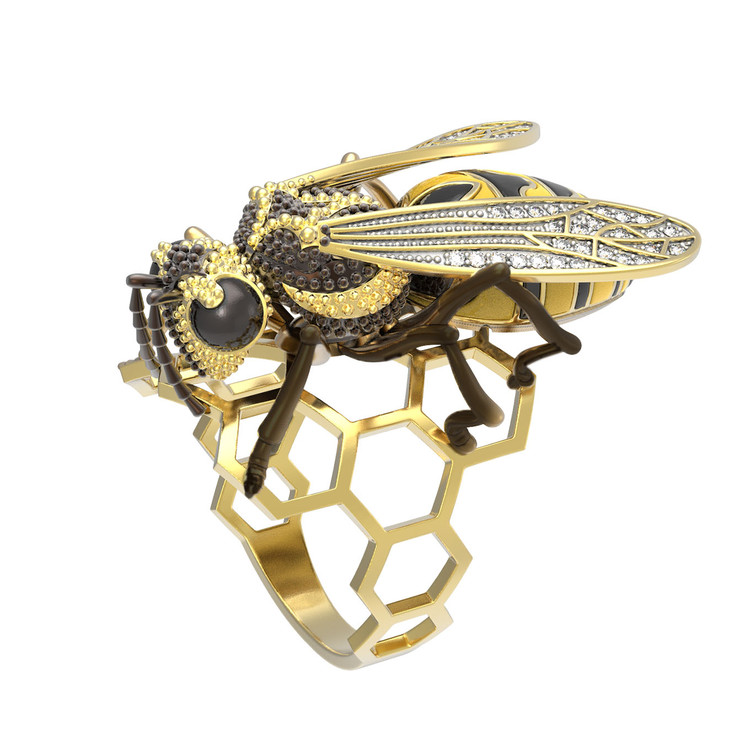 Кольцо из лимонного золота c эмаль и фианитом