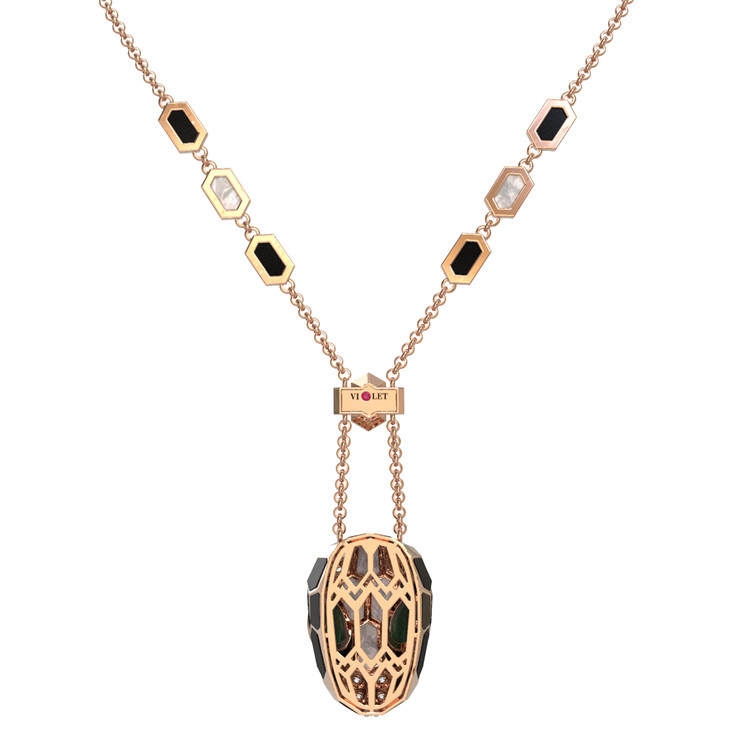 Колье из золота c бриллиантами, рубином, ониксом, малахитом и перламутром