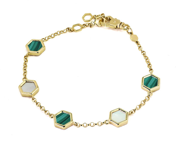 Браслет из лимонного золота c малахитом и перламутром