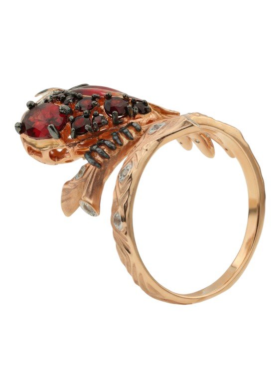 Кольцо из золота c эмаль , фианитом и гранатом