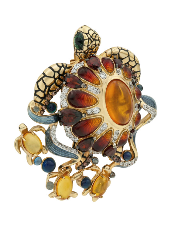 Брошь из лимонного золота c эмаль , фианитом, гранатом и янтарём