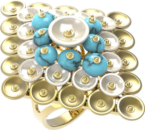 Кольцо из лимонного золота c бирюзой и перламутром