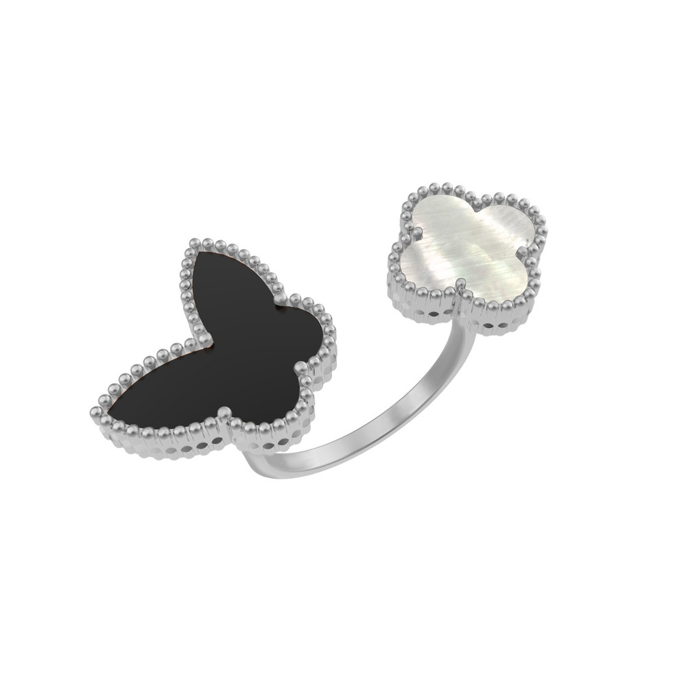 Кольцо из белого золота c ониксом и перламутром