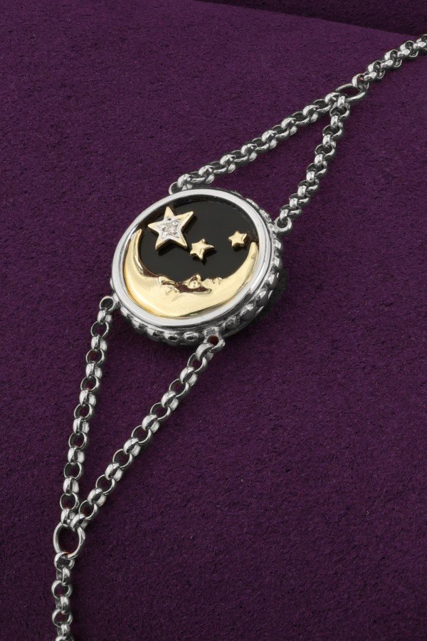 Браслет из белого золота 585 пробы c бриллиантами, ониксом и перламутром