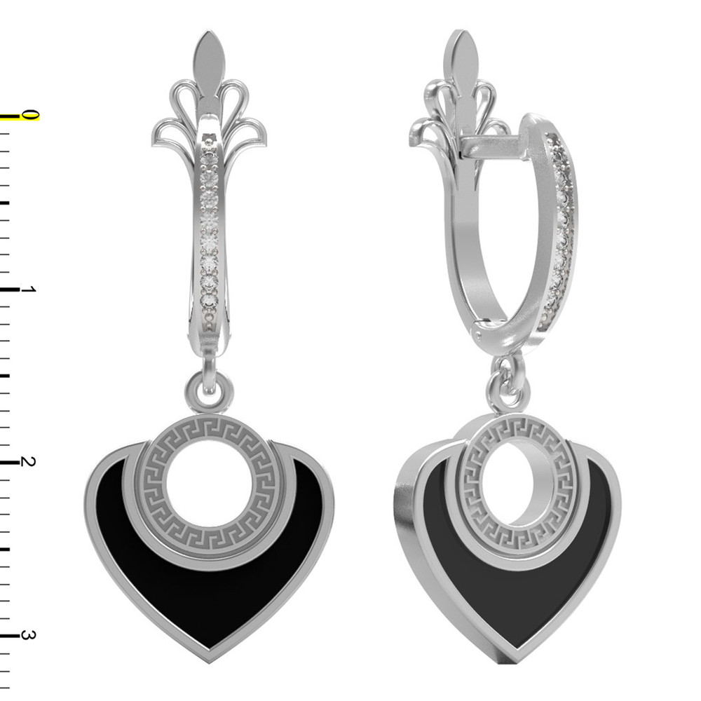 Серьги из белого золота c фианитом и ониксом