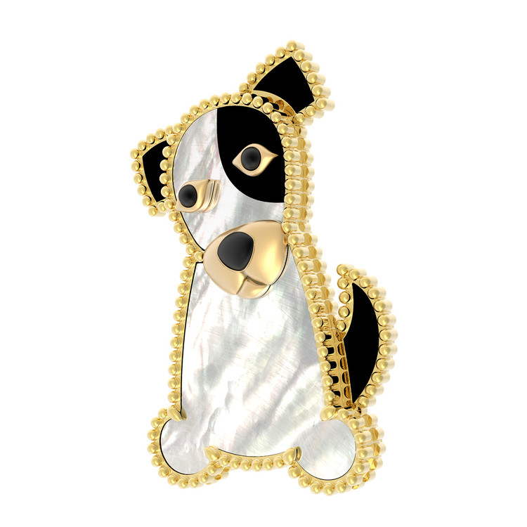 Брошь из лимонного золота c эмаль , ониксом и перламутром