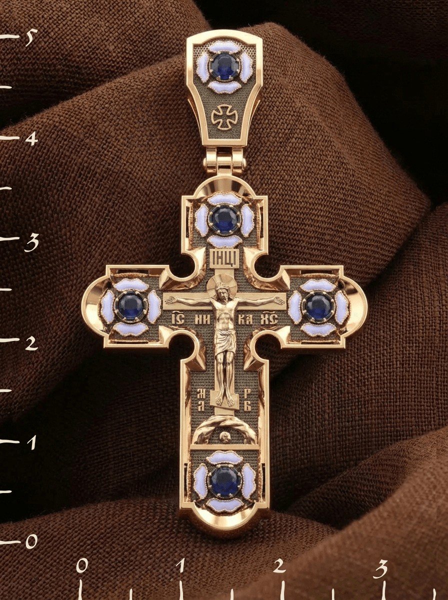 Крест из золота c эмаль и сапфиром