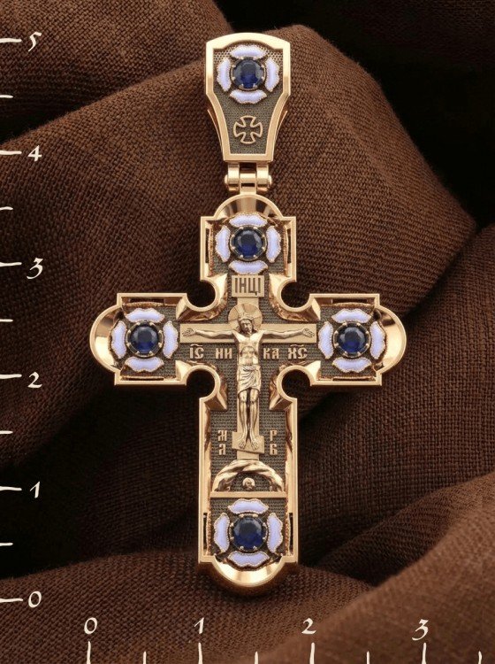 Крест из золота c эмаль и сапфиром