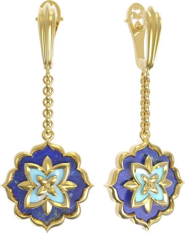 Серьги из лимонного золота 585 пробы c бирюзой и лазуритом