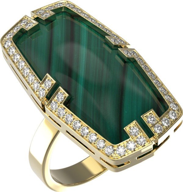 Кольцо из лимонного золота 585 пробы c бриллиантами, рубином и малахитом