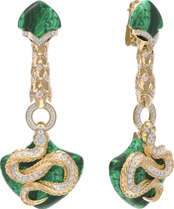 Серьги из лимонного золота 585 пробы c бриллиантами и малахитом