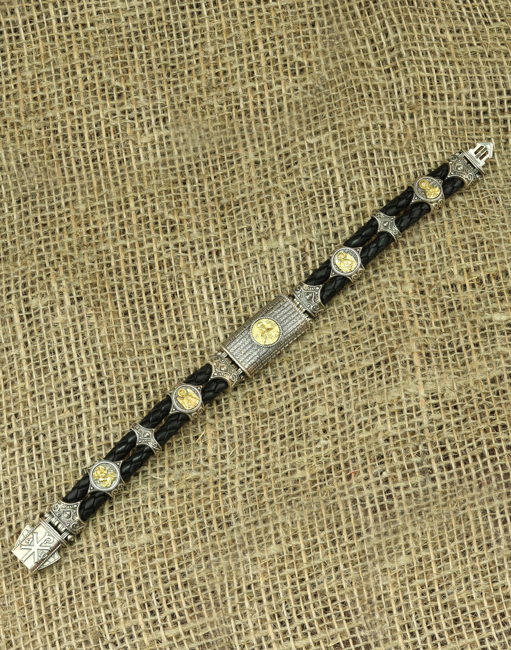 Браслет из серебра и золота c кожаным шнурком