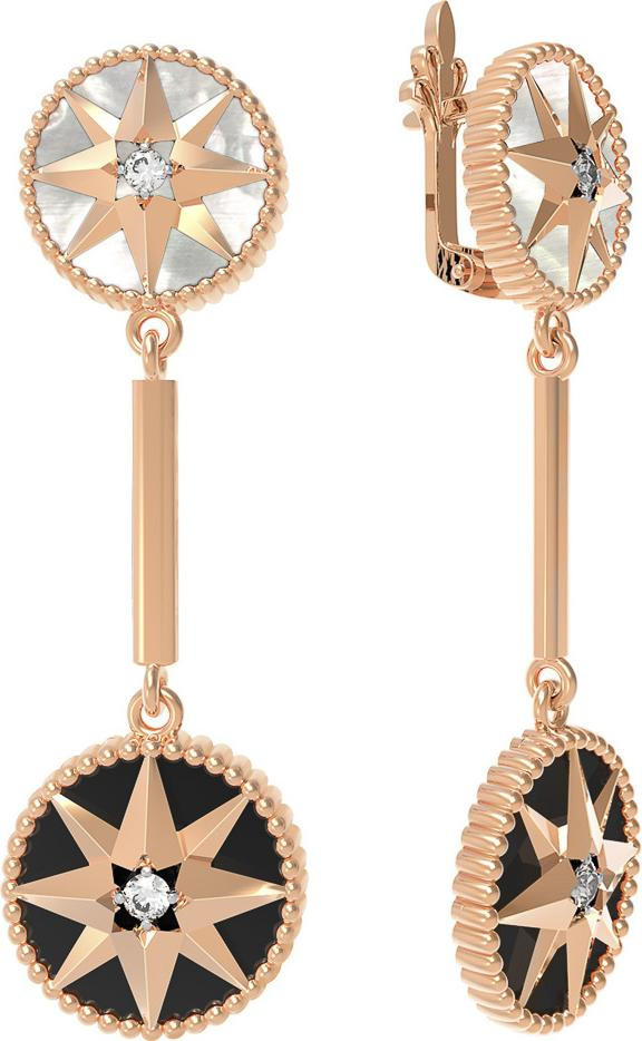 Серьги из золота c фианитом, ониксом и перламутром