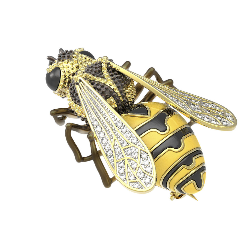 Брошь из лимонного золота c эмаль и фианитом