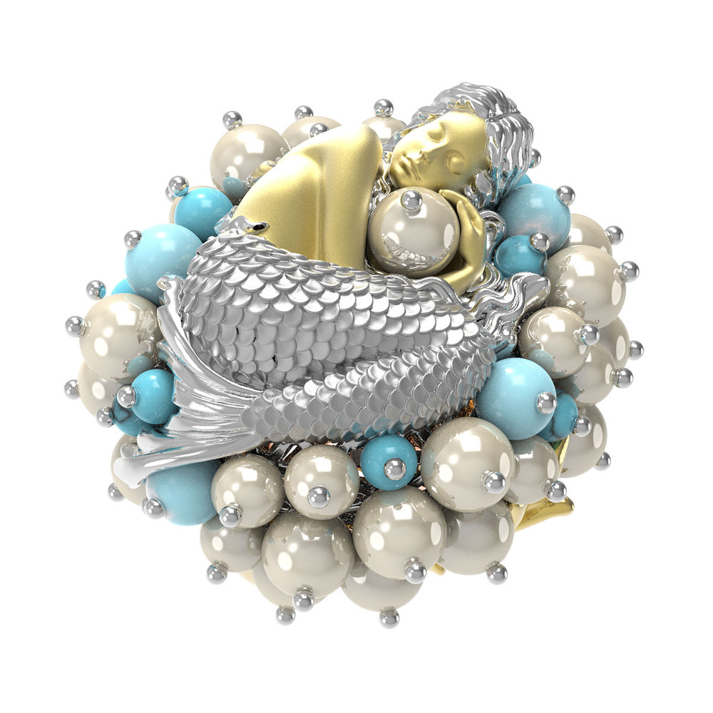 Кольцо из лимонного золота c жемчугом и бирюзой