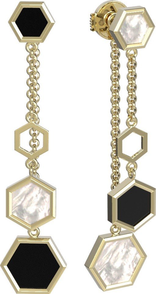 Серьги из лимонного золота 585 пробы c ониксом и перламутром