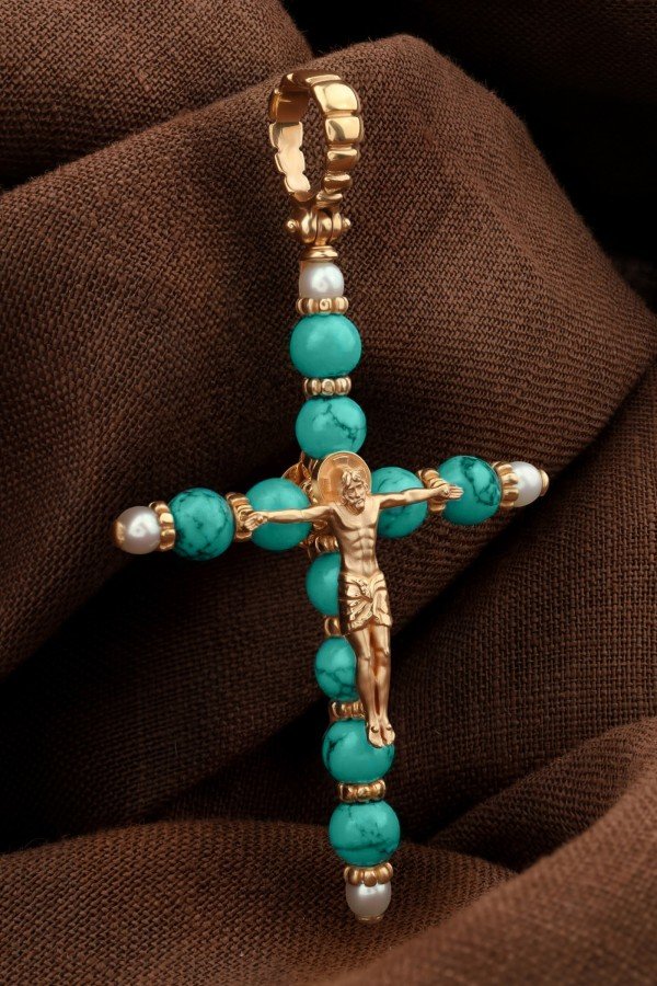 Крест из золота c жемчугом и бирюзой