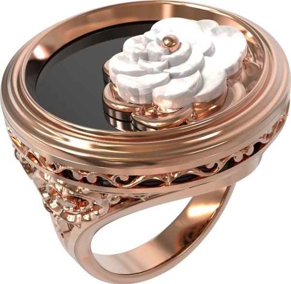 Кольцо из золота c ониксом и перламутром