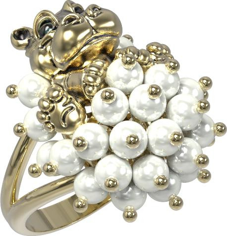 Кольцо из лимонного золота c эмаль и жемчугом