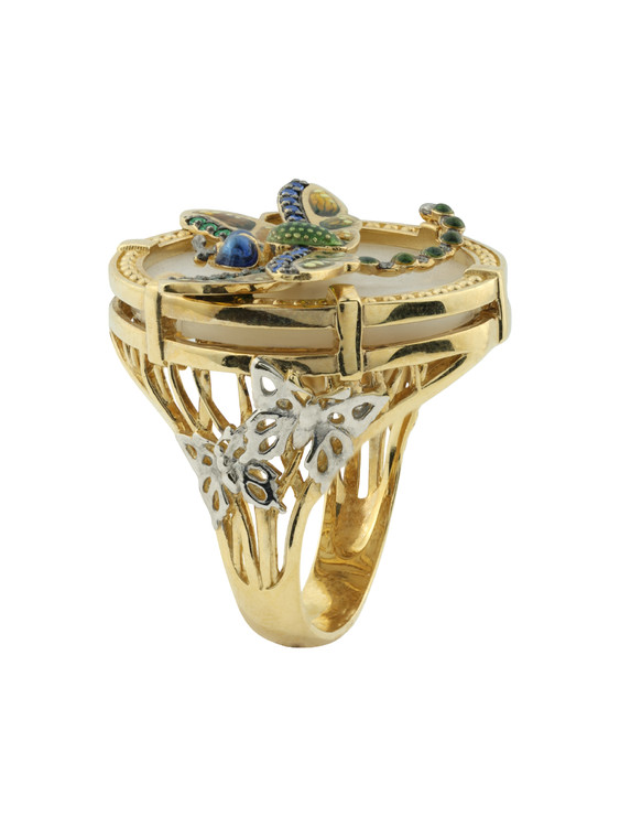 Кольцо из лимонного золота c сапфиром, изумрудом, эмалью и перламутром