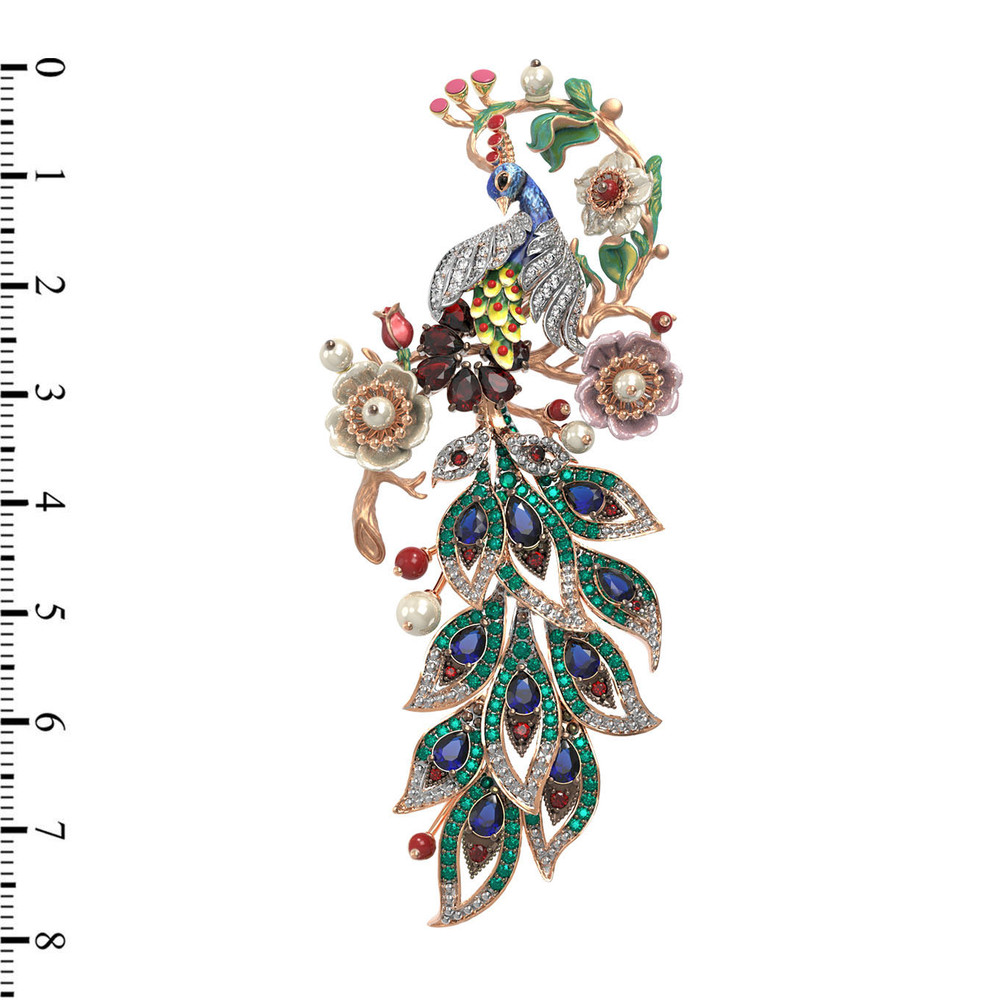 Брошь из золота c эмаль , фианитом, гранатом, жемчугом, сапфиром, кораллом и перламутром