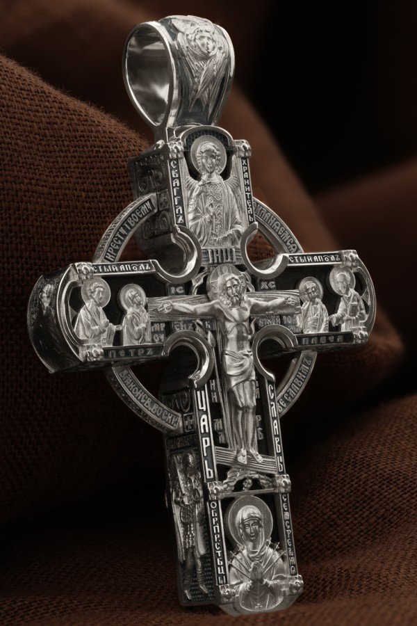 Крест из белого золота 585 пробы c эбеновым деревом