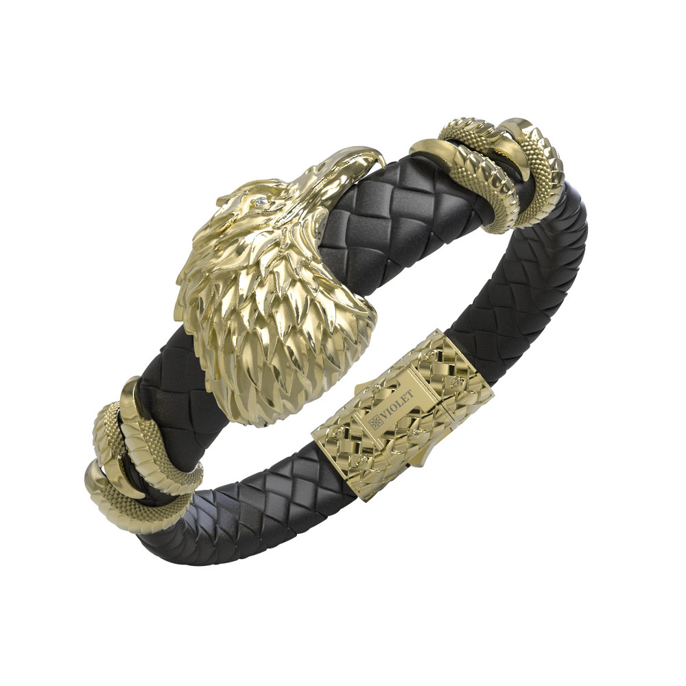 Браслет из лимонного золота c бриллиантами и кожаным шнурком