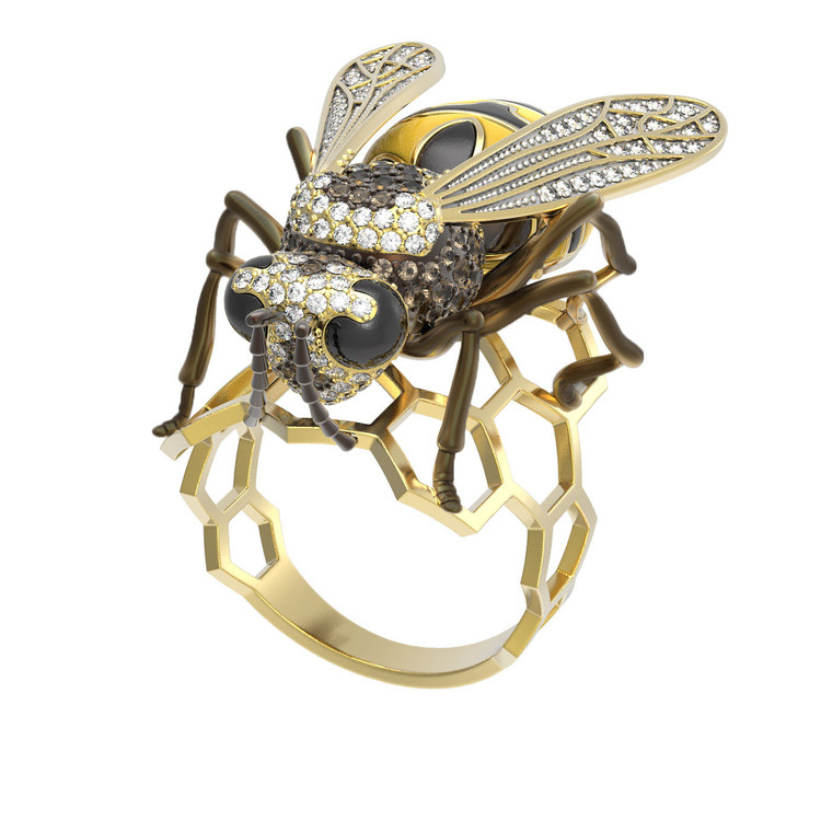 Кольцо из лимонного золота c эмаль и фианитом