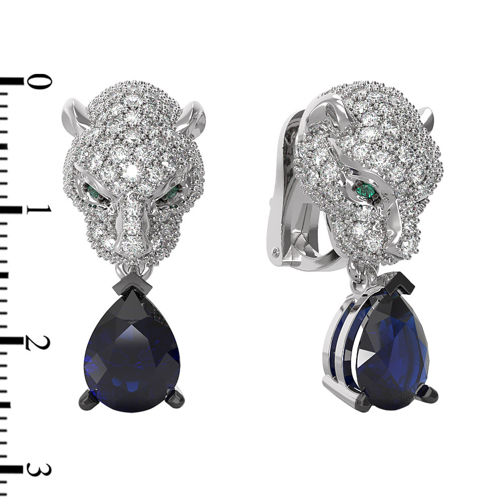 Серьги из белого золота c бриллиантами, сапфиром и изумрудом