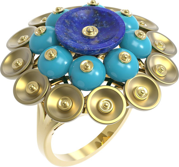 Кольцо из лимонного золота c бирюзой и лазуритом