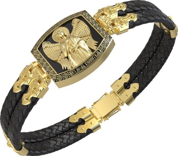 Браслет из лимонного золота 585 пробы c эмалью, шнурком и ониксом