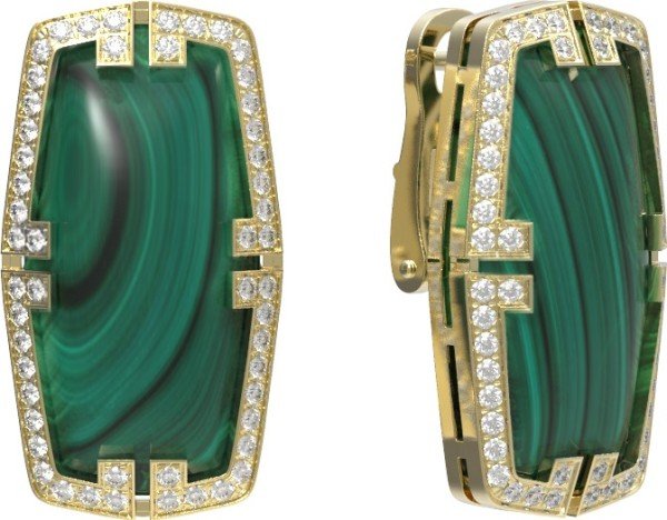 Серьги из лимонного золота 585 пробы c бриллиантами, рубином и малахитом