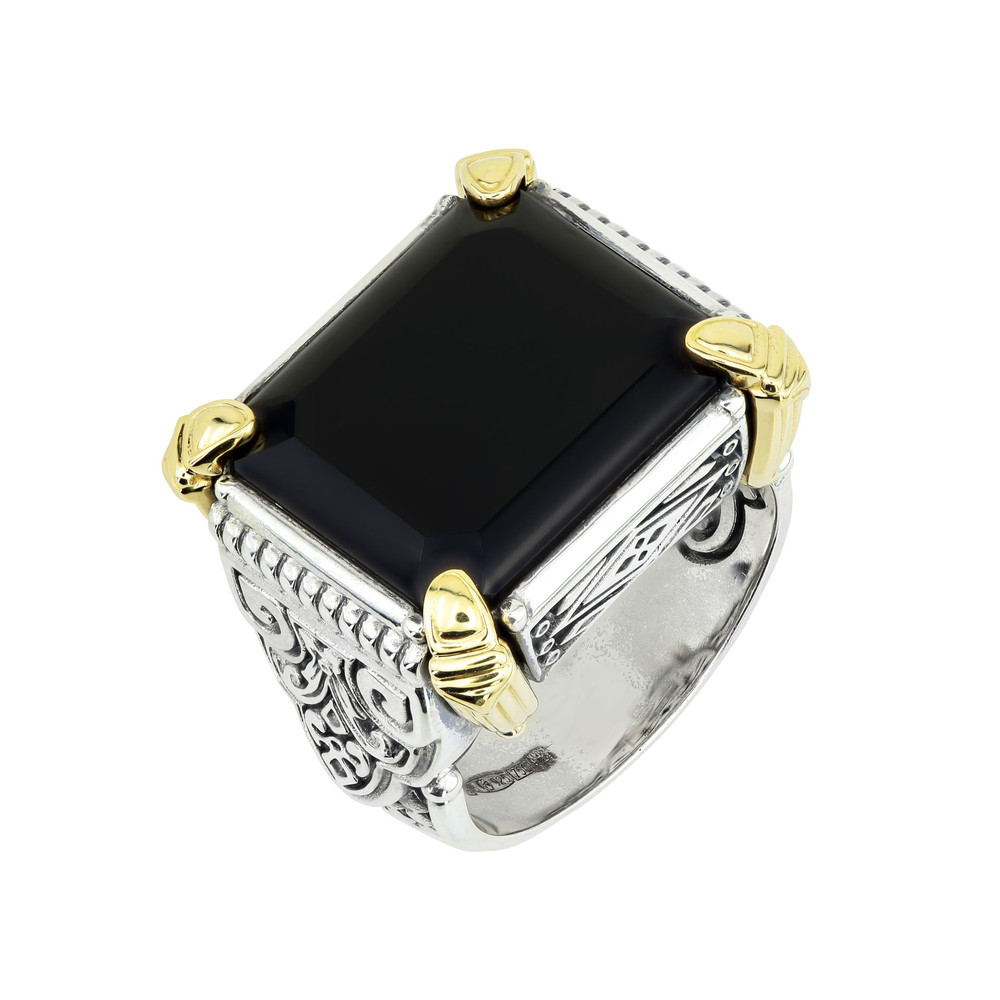 Кольцо из серебра и золота c ониксом и рубином