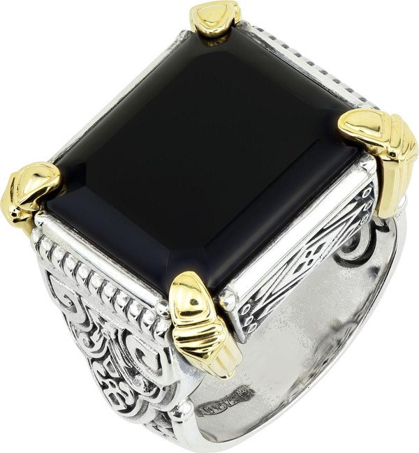 Кольцо из серебра и золота c ониксом и рубином