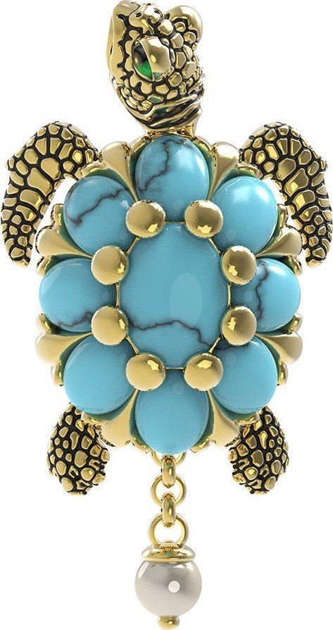 Подвеска из лимонного золота 585 пробы c эмалью, жемчугом и бирюзой