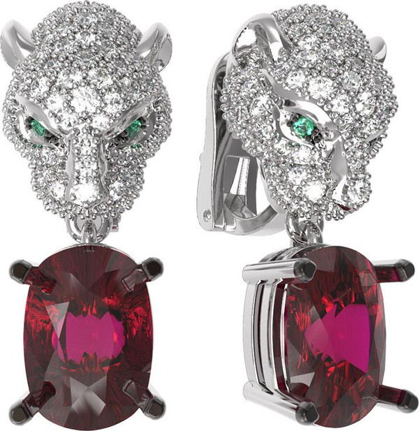 Серьги из белого золота c бриллиантами, рубином и изумрудом