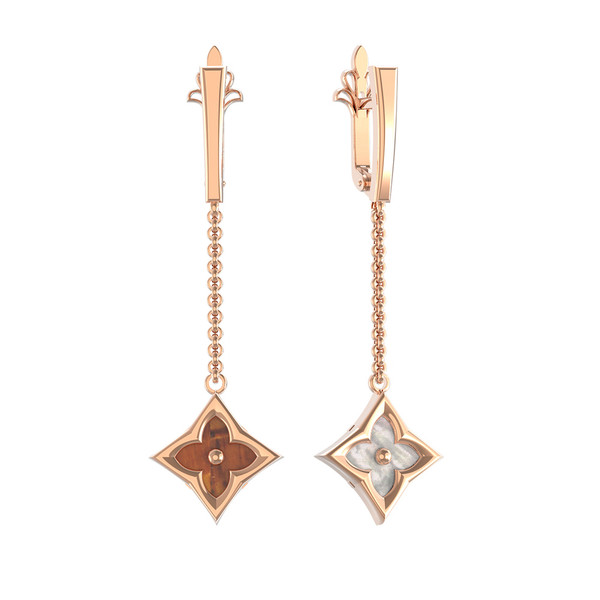 Серьги из золота c тигровым глазом и перламутром